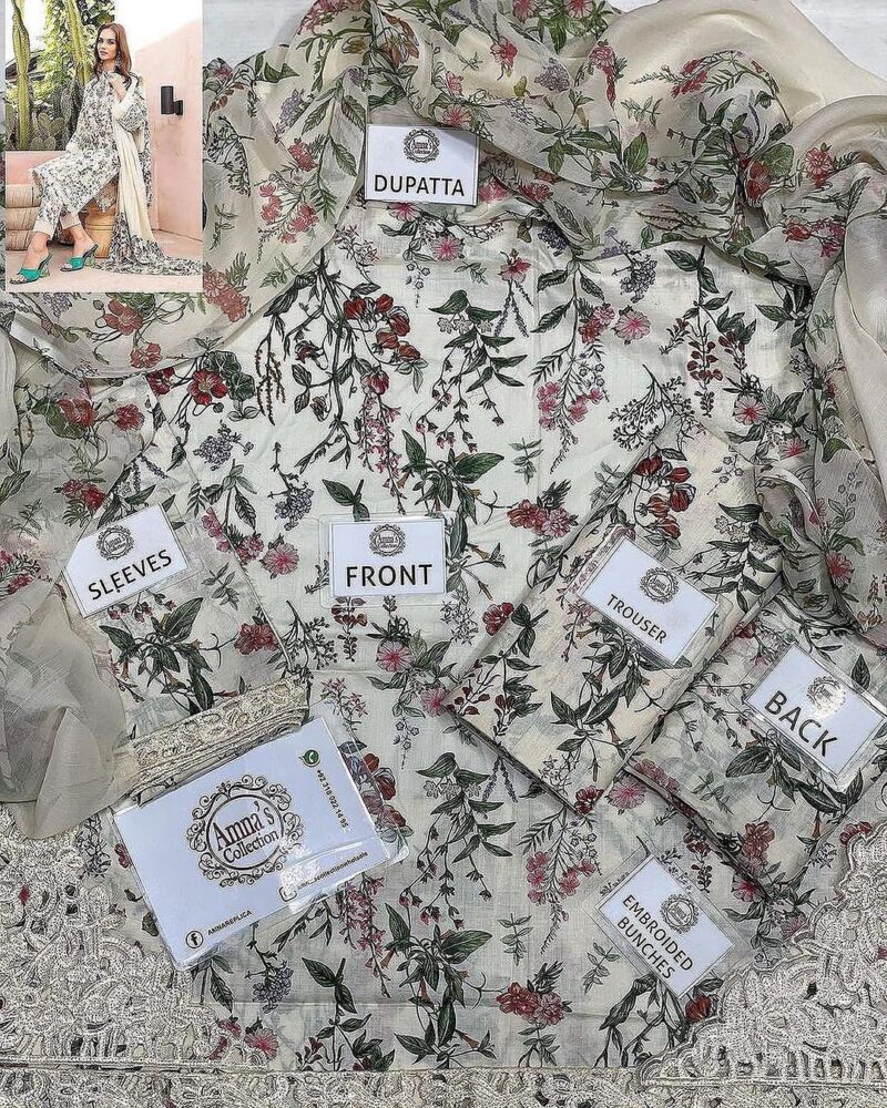 3 Pc Lawn M Prints with Chiffon Dupatta Cutwork Un-stitched- AC-71 - Image 2