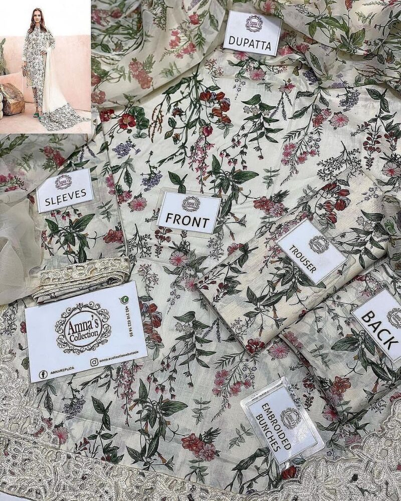 3 Pc Lawn M Prints with Chiffon Dupatta Cutwork Un-stitched- AC-71 - Image 4