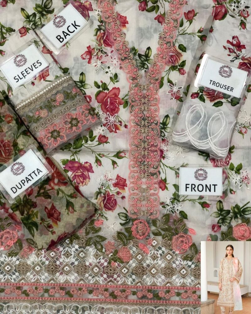 BAROQUE EMBROIDED LAWN 3 PC SUIT WITH ORGANZA DIGITAL DUPATA AC-90 - Image 3