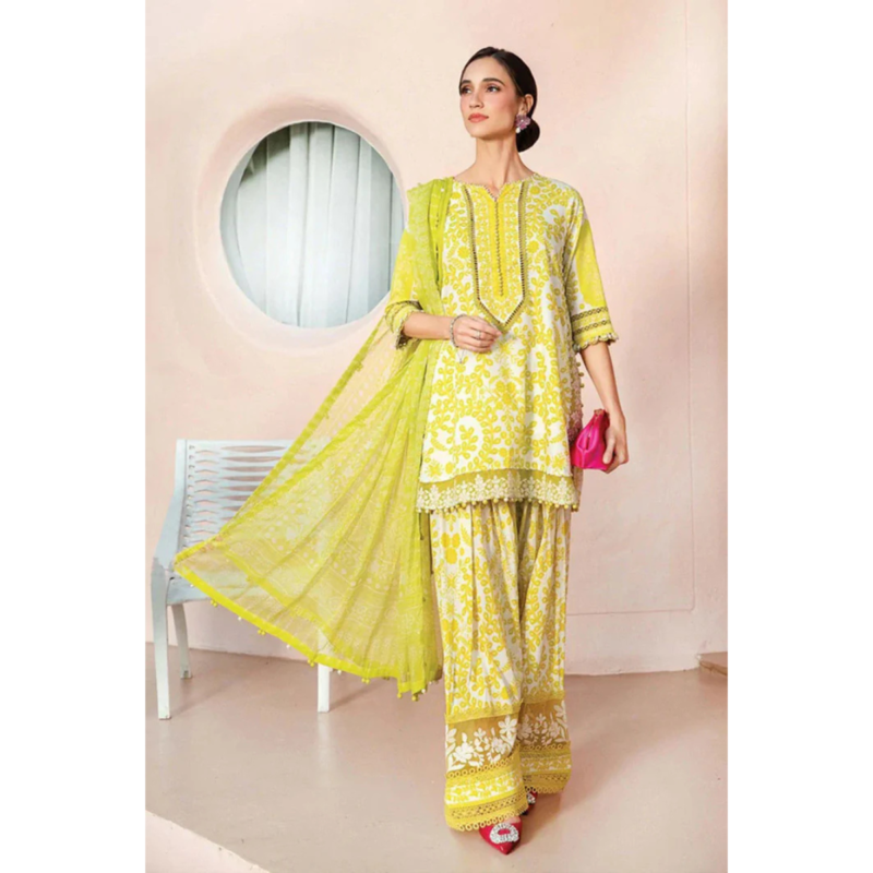 3-PC UNSTICHED Lawn CHIFFON Dupatta SUIT AC-257