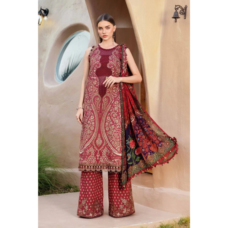 3-PC UNSTICHED Lawn CHIFFON Dupatta SUIT AC-259