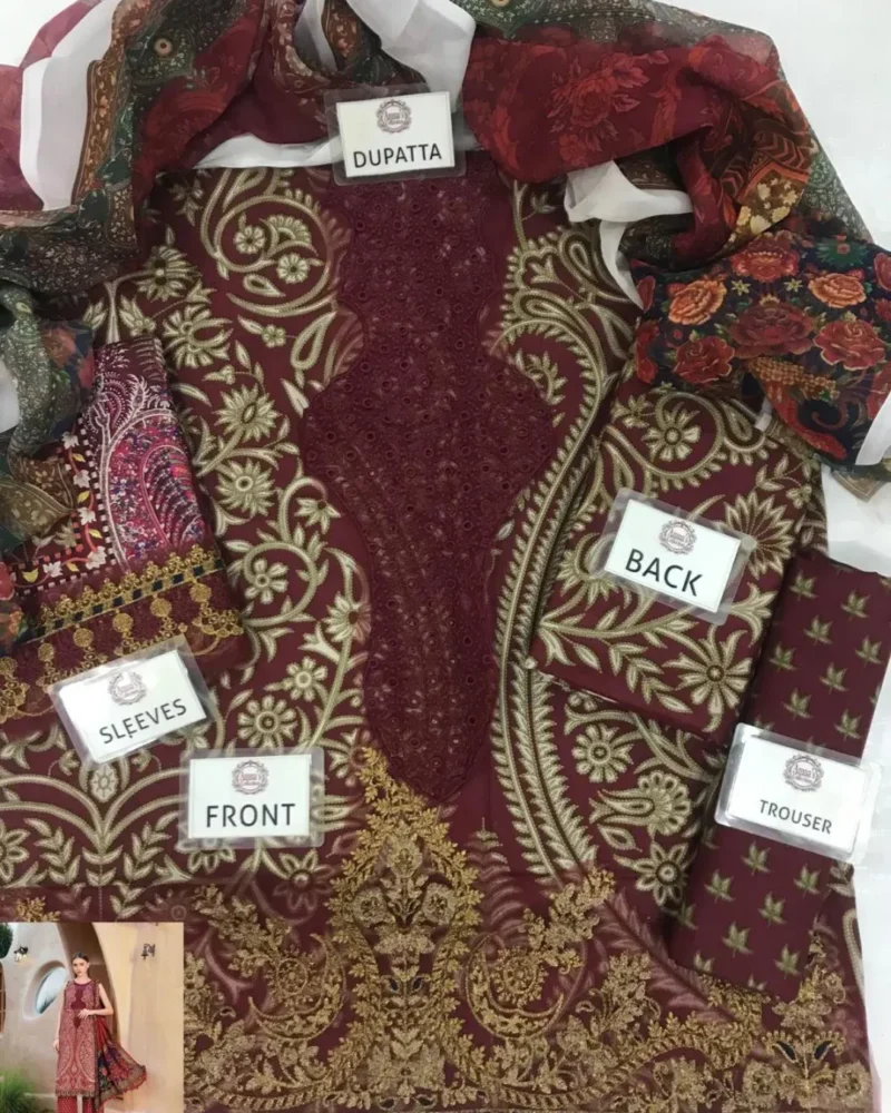 3-PC UNSTICHED Lawn CHIFFON Dupatta SUIT AC-259 - Image 3