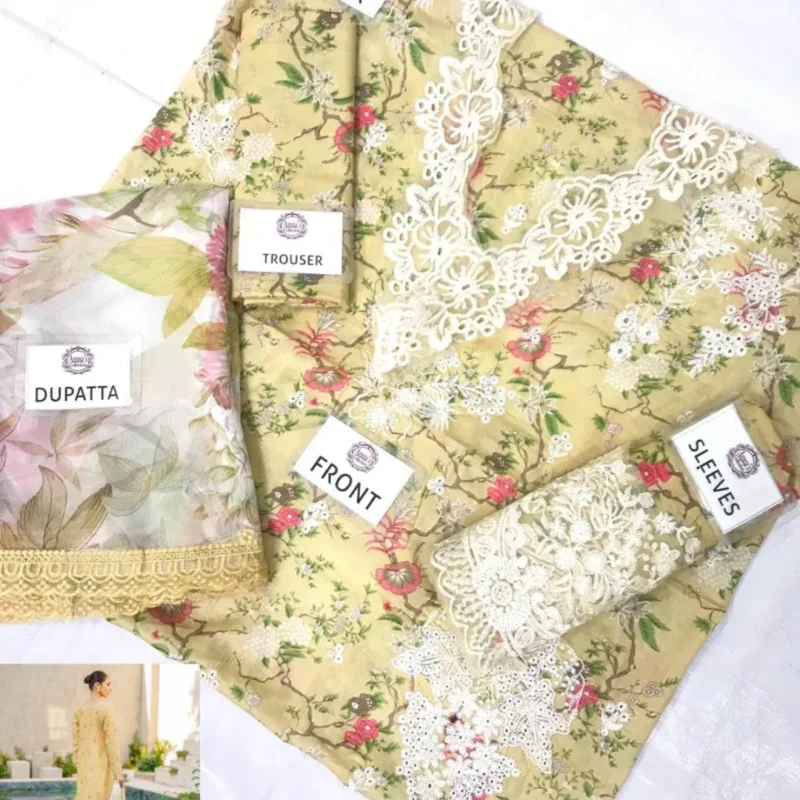 3-PC UNSTICHED Lawn CHIFFON Dupatta SUIT AC-256 - Image 3