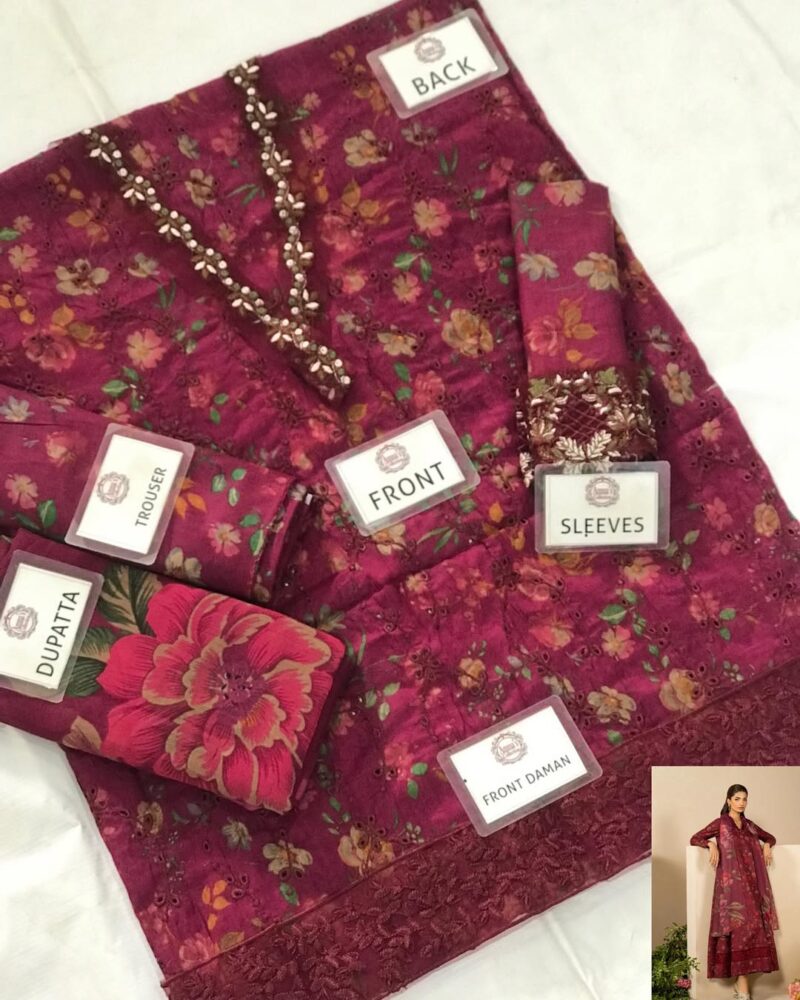 3-PC Unstiched Lawn Suit with chiffon dupatta AC-294 - Image 7