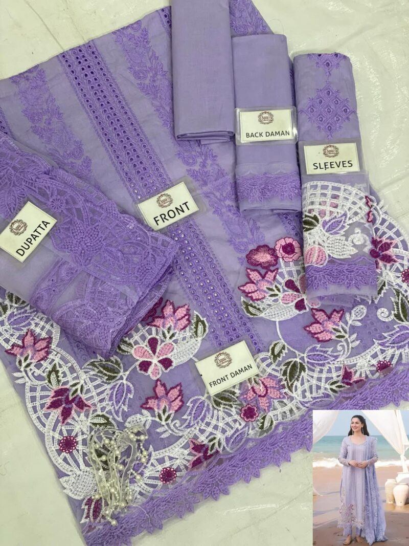 3-PC Lawn Cotton Chickenkaari With Chiffon Dupatta AC-314 - Image 8